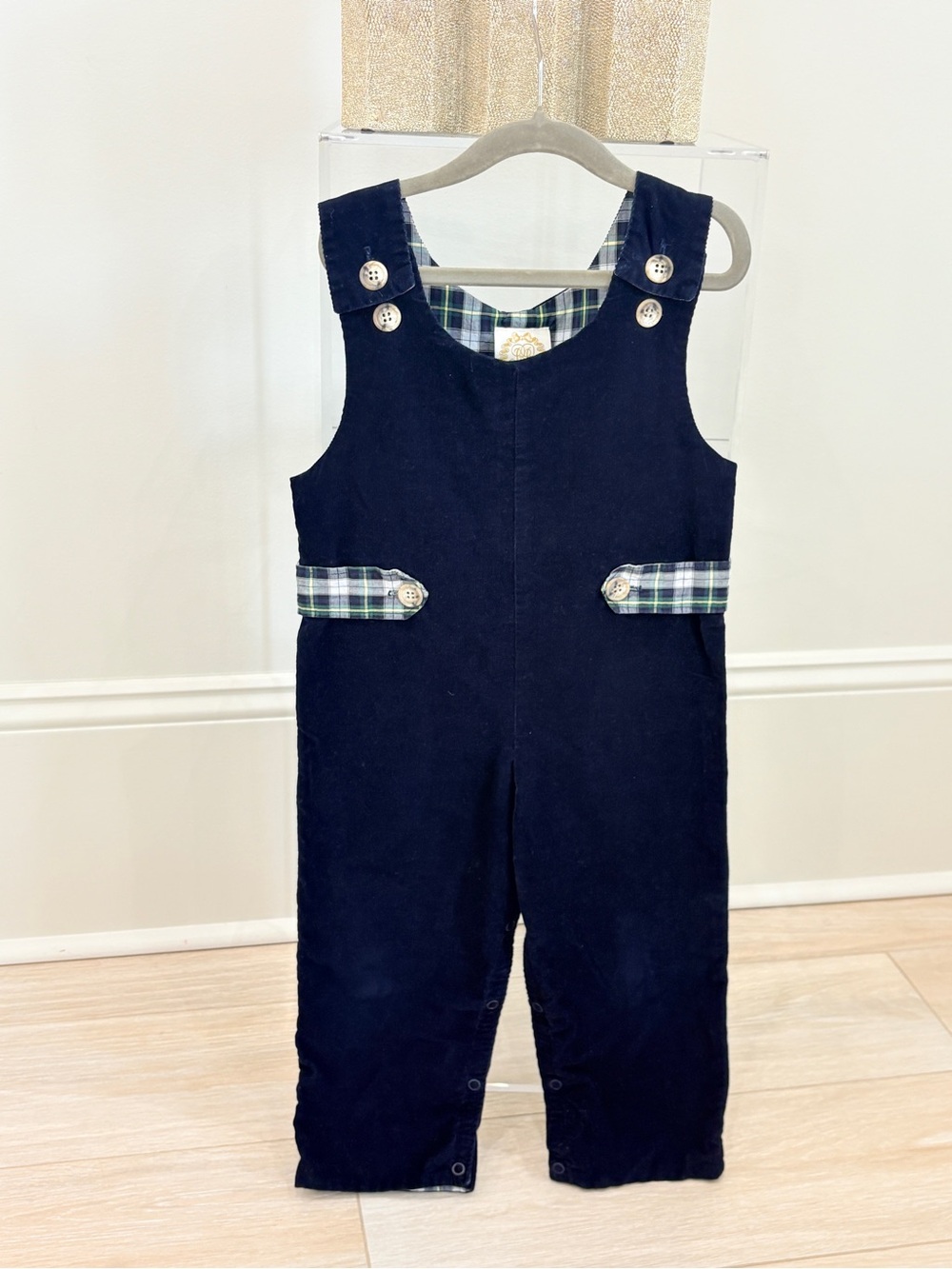 The Beaufort Bonnet Company Navy Corduroy Plaid-Trim Overalls